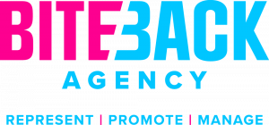 Logo for Bite Back Agency. The word 'bite' is pink where as 'back' and 'agency' are blue. Under the logo is a tagline that reads 'represent, promote, manage.'